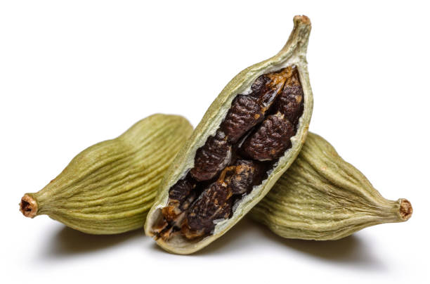 Green cardamom pods and seeds isolated on white background