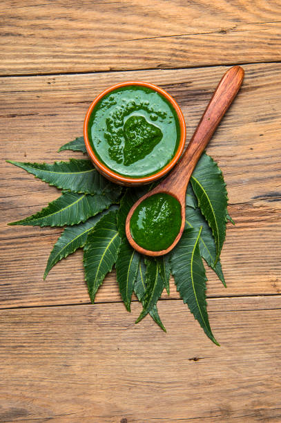Medicinal Neem leaves with paste on wooden background